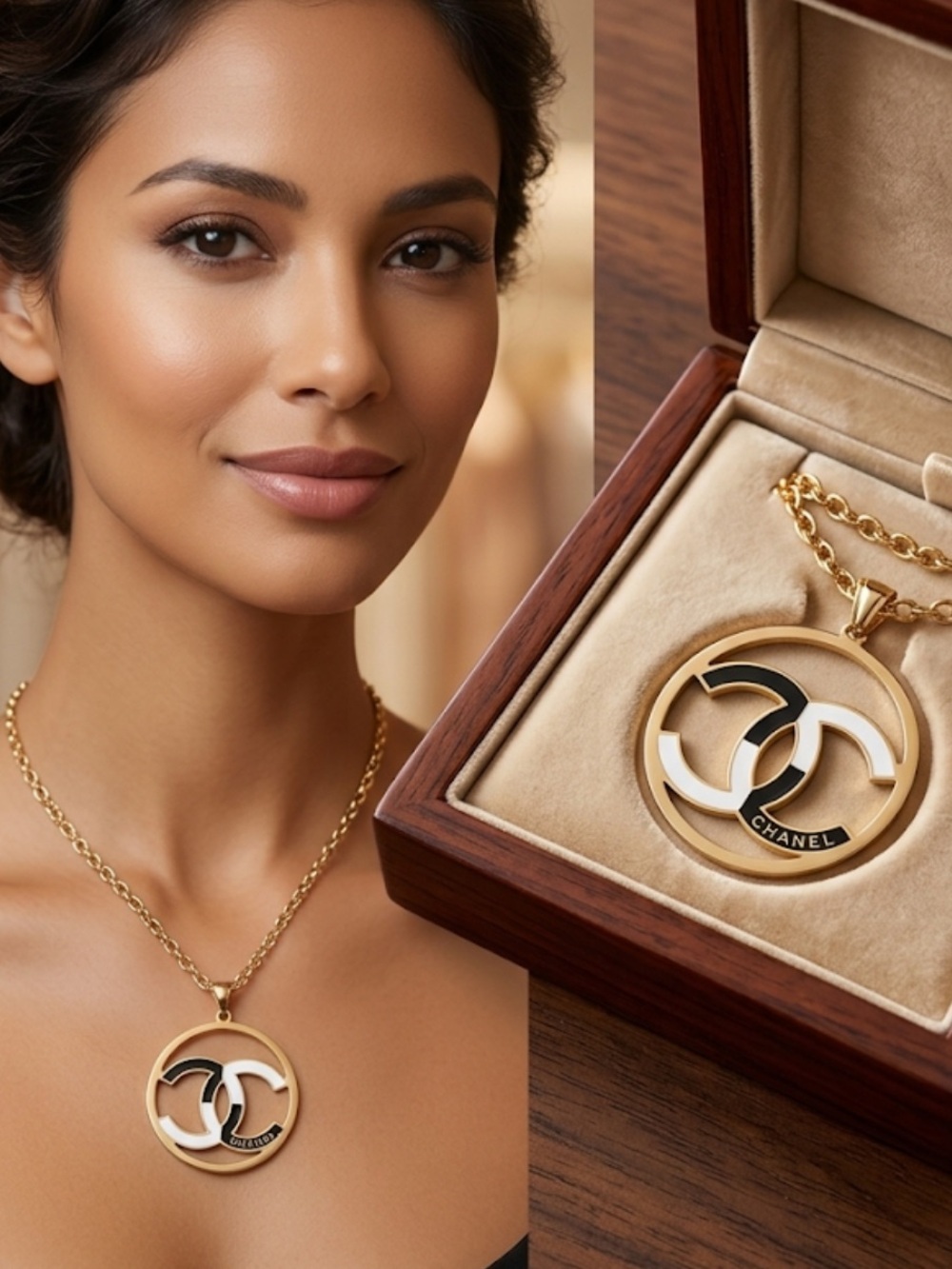 Gold Necklace with Black and White Interlocking CC Pendant